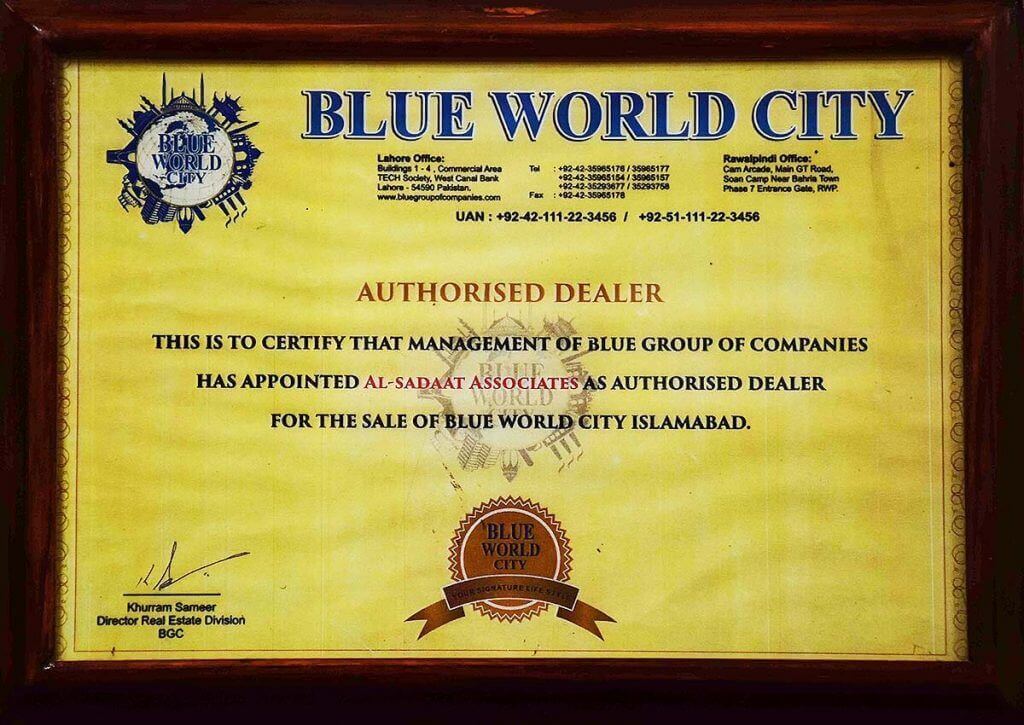 blue world city - bwc - blue group of companies - bgc - achievement certificate - al sadat marketing - alsadat marketing - al-sadat marketing - real estate agency - property consultants - islamabad - rawalpindi - pakistan