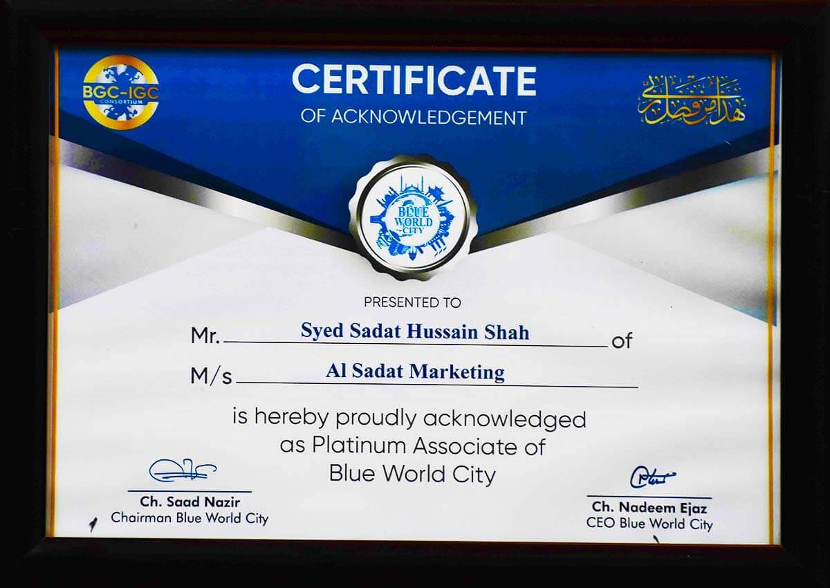 blue world city – blue world city rawalpindi – bwc – blue group of companies – bgc- achievement certificate – al sadat marketing - alsadat marketing – al-sadat marketing - real estate agency – property portal - islamabad - rawalpindi - pakistan