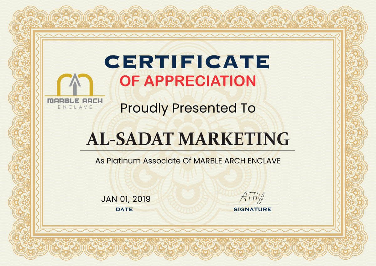 marble arch enclave – marble arch - achievement certificate – al sadat marketing - alsadat marketing – al-sadat marketing - real estate agency – property portal - islamabad - rawalpindi - pakistan