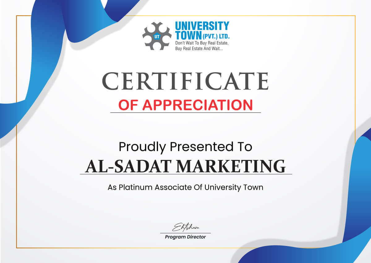 university town – university town rawalpindi - achievement certificate – al sadat marketing - alsadat marketing – al-sadat marketing - real estate agency – property portal - islamabad - rawalpindi - pakistan