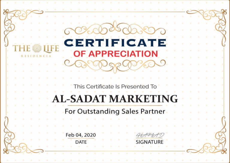 The Life Residencia Achievement Certificate of Al Sadat Marketing a Real Estate Agency and Property Portal in Islamabad and Rawalpindi, Pakistan