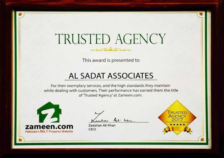 Al Sadat Associates Received Trusted Agency Award From Zameen.com Achievement Certificate to Al Sadat Marketing a Real Estate Agency and Property Portal in Islamabad and Rawalpindi, Pakistan