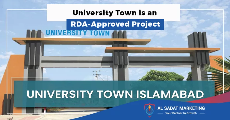 university town is an rda approved project in 2023, al sadat marketing, real estate agency in blue area islamabad, pakistan