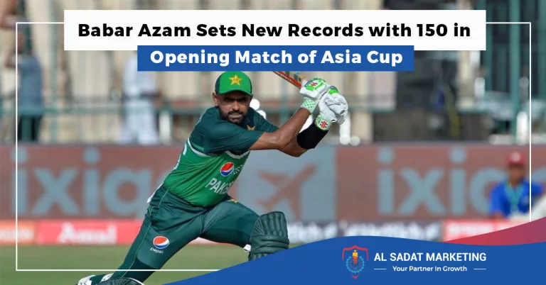 a cricket player, babar azam, raising his bat to acknowledge the crowd after scoring 150 runs in the asia cup 2023 opening match, al sadat marketing, real estate agency in blue area islamabad pakistan