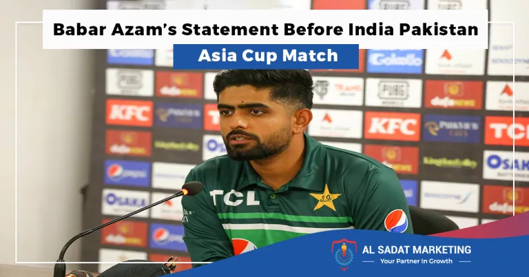 babar azam, holding a cricket bat, addressing the media before the india-pakistan asia cup match in 2023, al sadat marketing, real estate agency in blue area islamabad pakistan