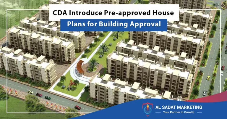 an architectural blueprint with a "pre-approved" stamp, symbolizing the new process by cda, al sadat marketing, real estate agency in blue area islamabad pakistan