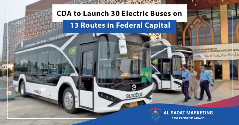 electric bus on a city street, cda to launch 30 electric buses on 13 routes in federal capital, al sadat marketing, real estate agency in blue area islamabad pakistaan