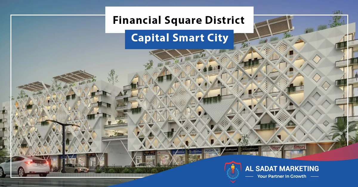 a bustling financial district within the district capital smart city, featuring modern buildings and commercial spaces., al sadat marketing, real estate agency in blue area islamabad pakistan