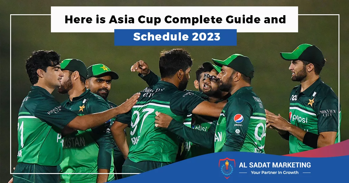 the asia cup 2023 trophy displayed against the backdrop of participating teams' flags, al sadat marketing, real estate agency in blue area islamabad pakistan