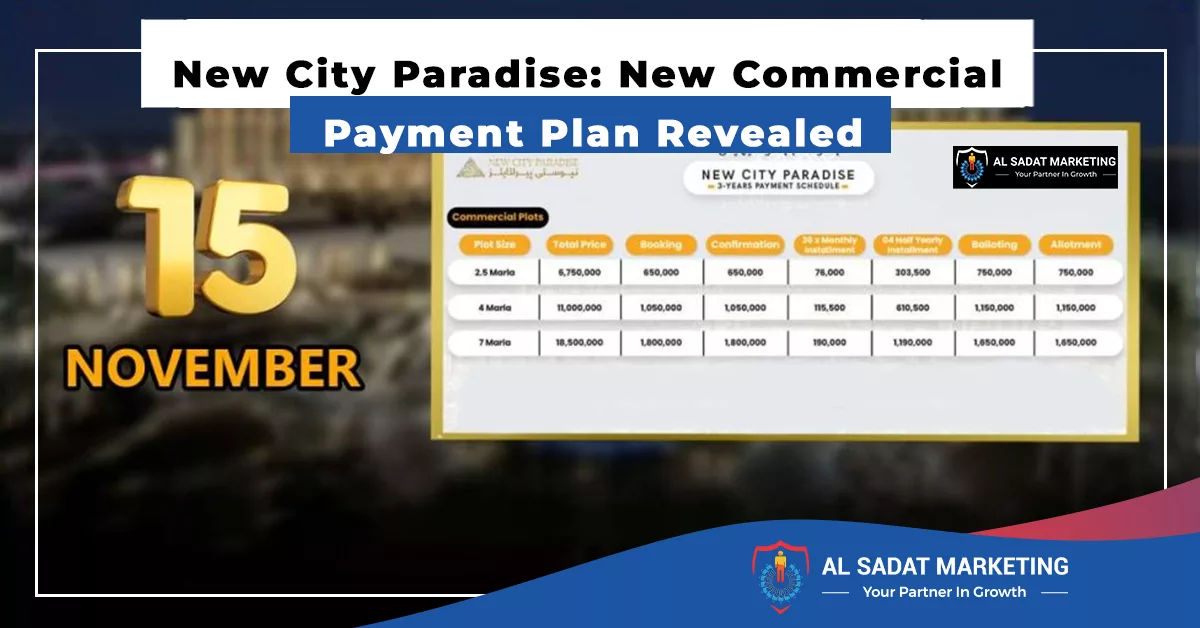 new city paradise: new commercial payment plan revealed, al sadat marketing, real estate agency in blue area islamabad