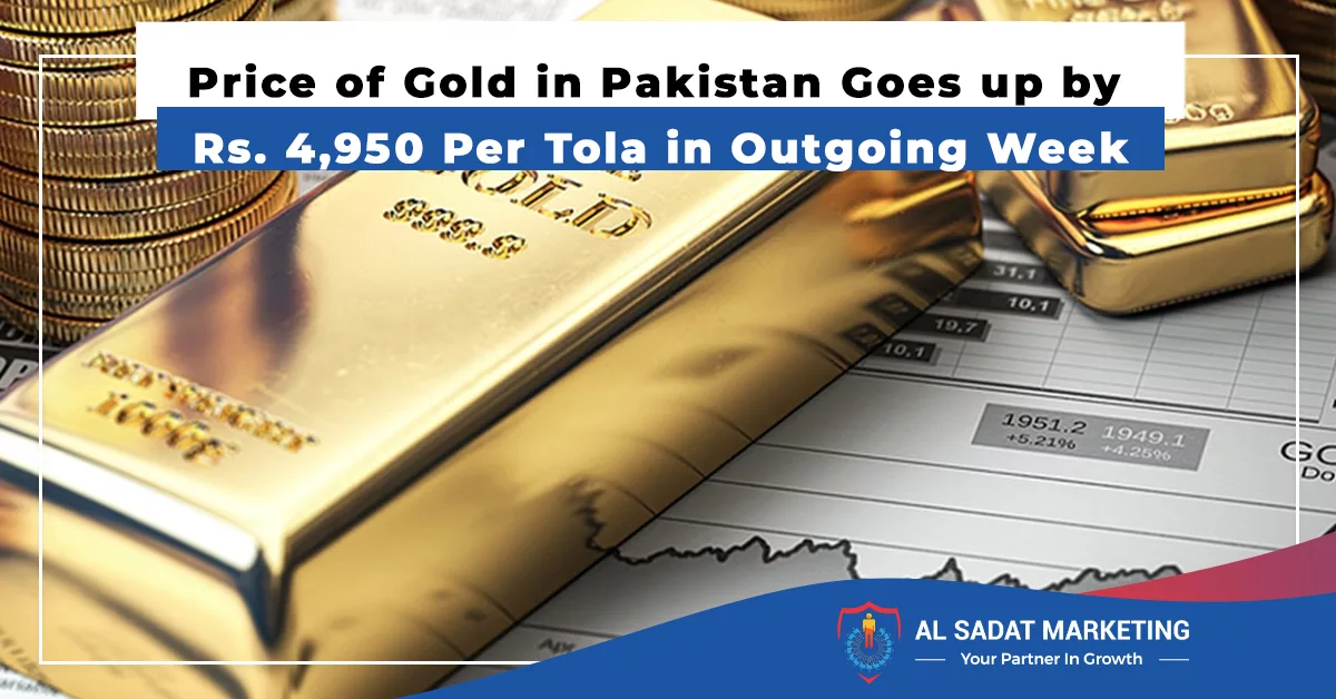 price of gold in pakistan goes up by rs. 4,950 per tola in outgoing week, al sadat marketing, real estate agency in blue area islamabad