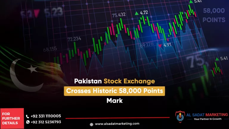 pakistan stock exchange crosses historic 58,000 points mark, al sadat marketing, real estate agency in blue area islamabad