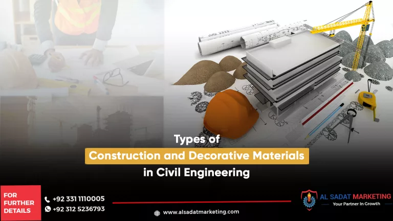 types of construction and decorative materials in civil engineering, al sadat marketing, real estate agency in blue area islamabad