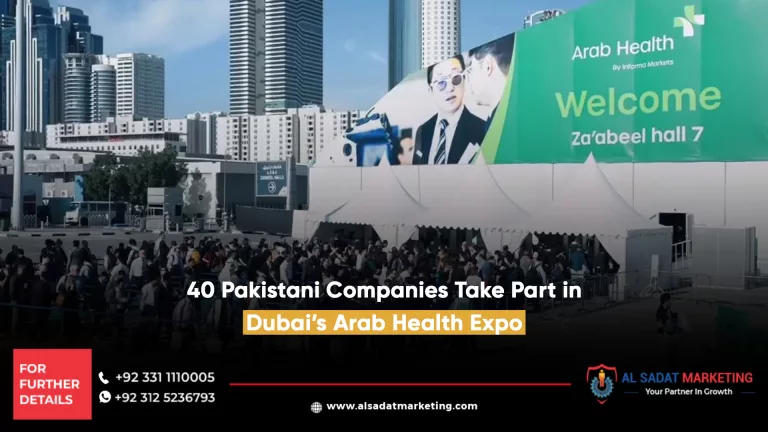 tall buildings with so many people with white and green background banner welcome the people in arab health conference in duabi