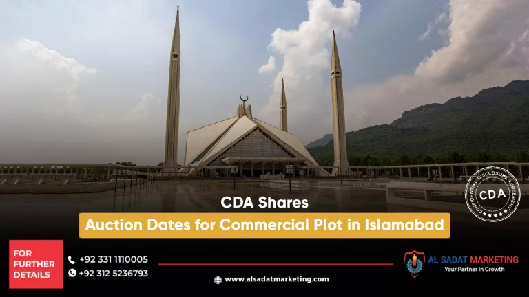 cda shares auction dates for commercial plot in islamabad, al sadat marketing, real estate agency in blue area islamabad