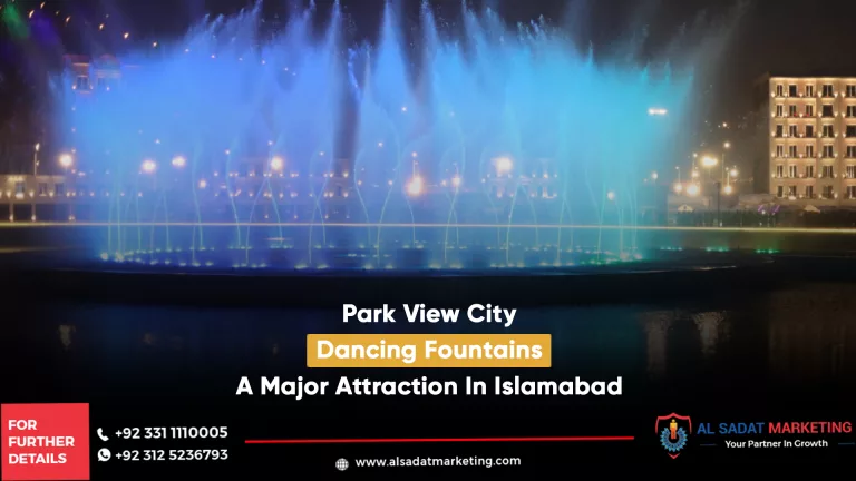 dancing water fountains with different colours of lights at night time in park view city