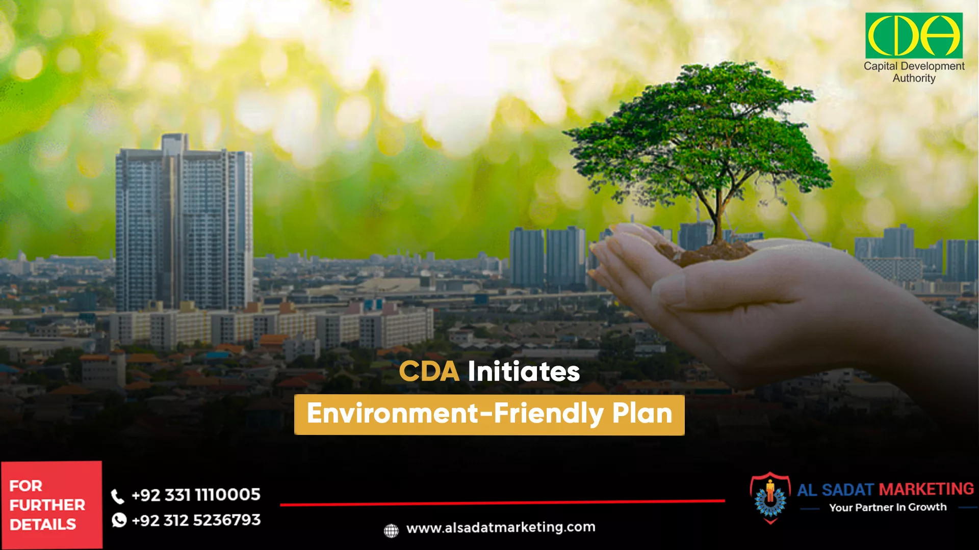 high rise buildings and a hand holding a green tree represent envoirnment friendly plan in islamabad