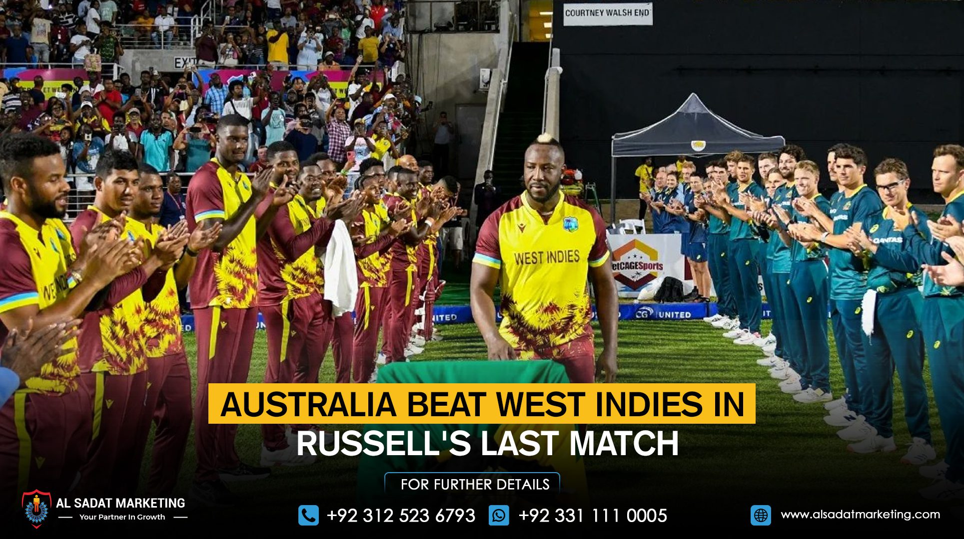 Australia beat West Indies in Russell's last match