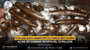 Punjab Anti-Narcotics Force Recovers 43 Kg of Charas Worth Rs. 13 Million