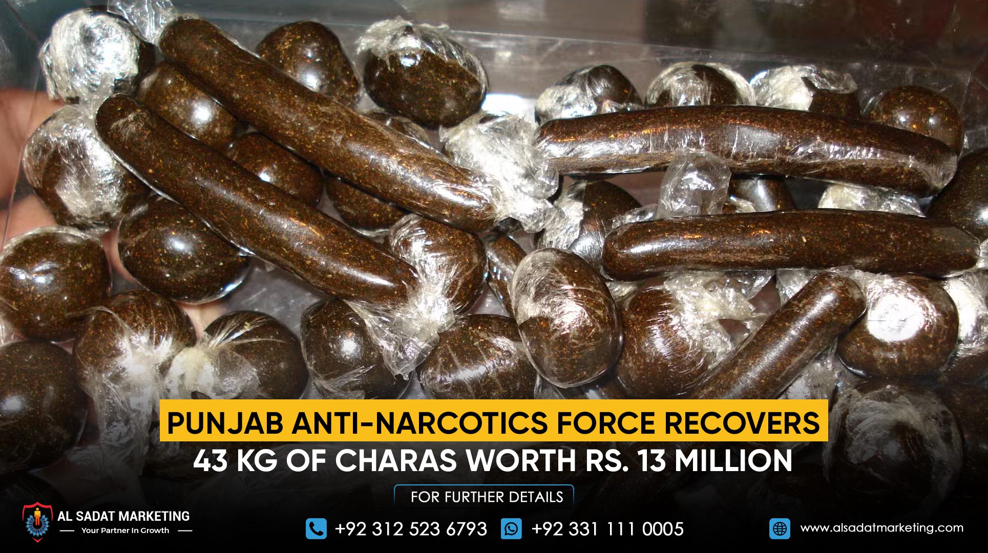 Punjab Anti-Narcotics Force Recovers 43 Kg of Charas Worth Rs. 13 Million