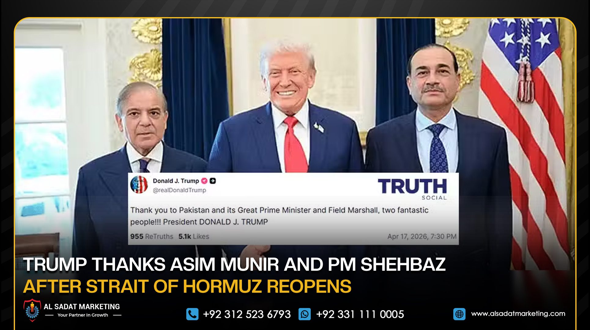Trump Thanks Asim Munir and PM Shehbaz After Strait of Hormuz Reopens